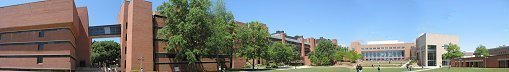 Picture of The Hilltop Institute's building (Sondheim Hall) and the Commons at UMBC.